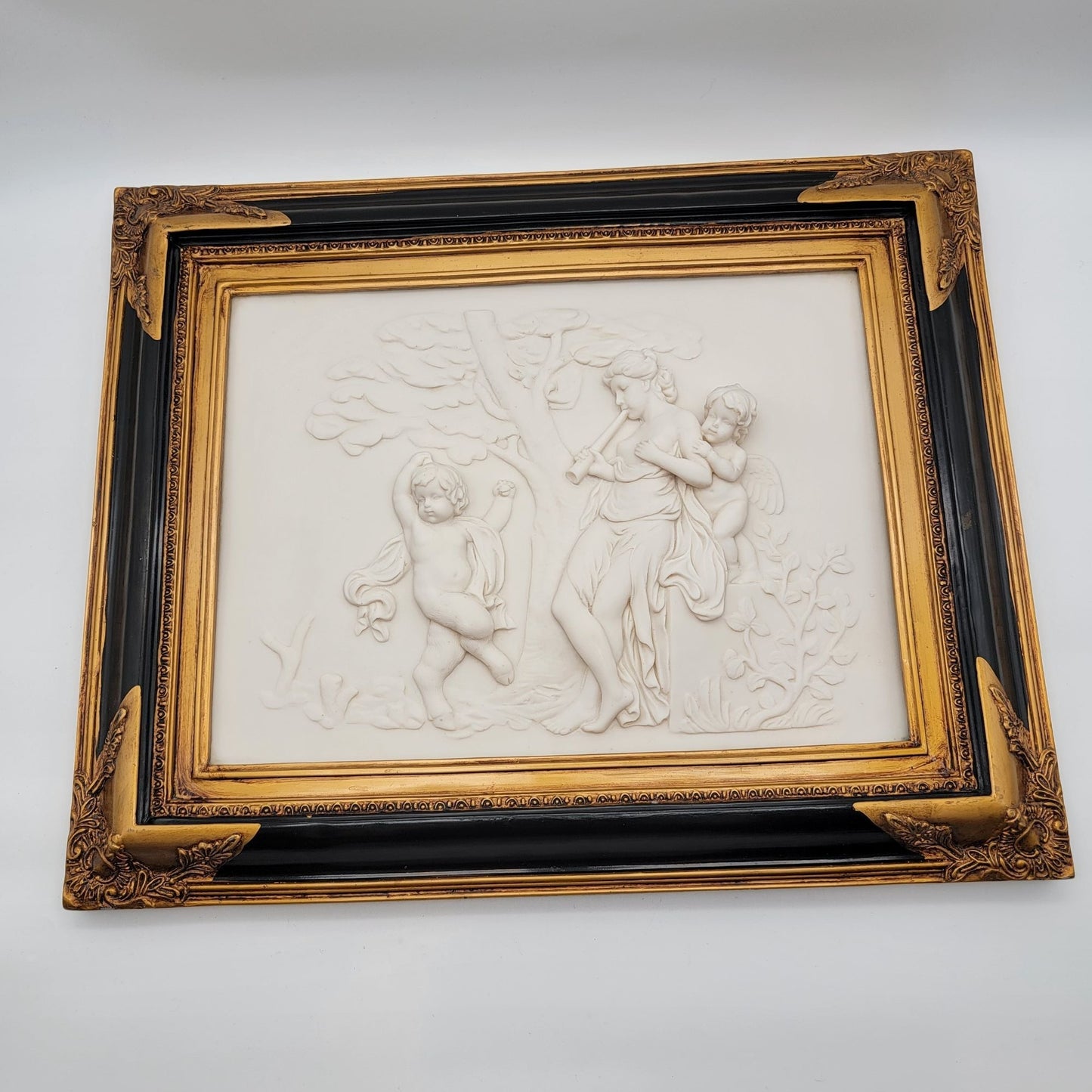 Antique Alabaster BAS Relief Art of Nymph and Putti Neoclassical Art Plaque