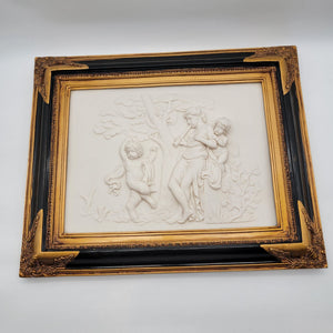 Antique Alabaster BAS Relief Art of Nymph and Putti Neoclassical Art Plaque