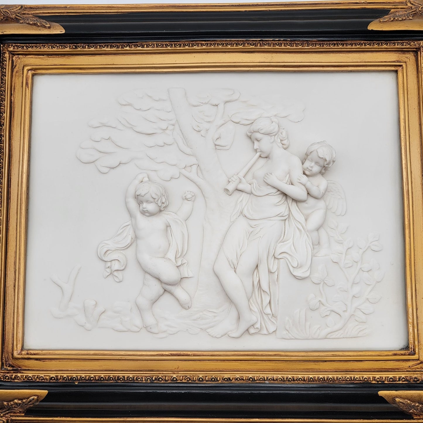 Antique Alabaster BAS Relief Art of Nymph and Putti Neoclassical Art Plaque