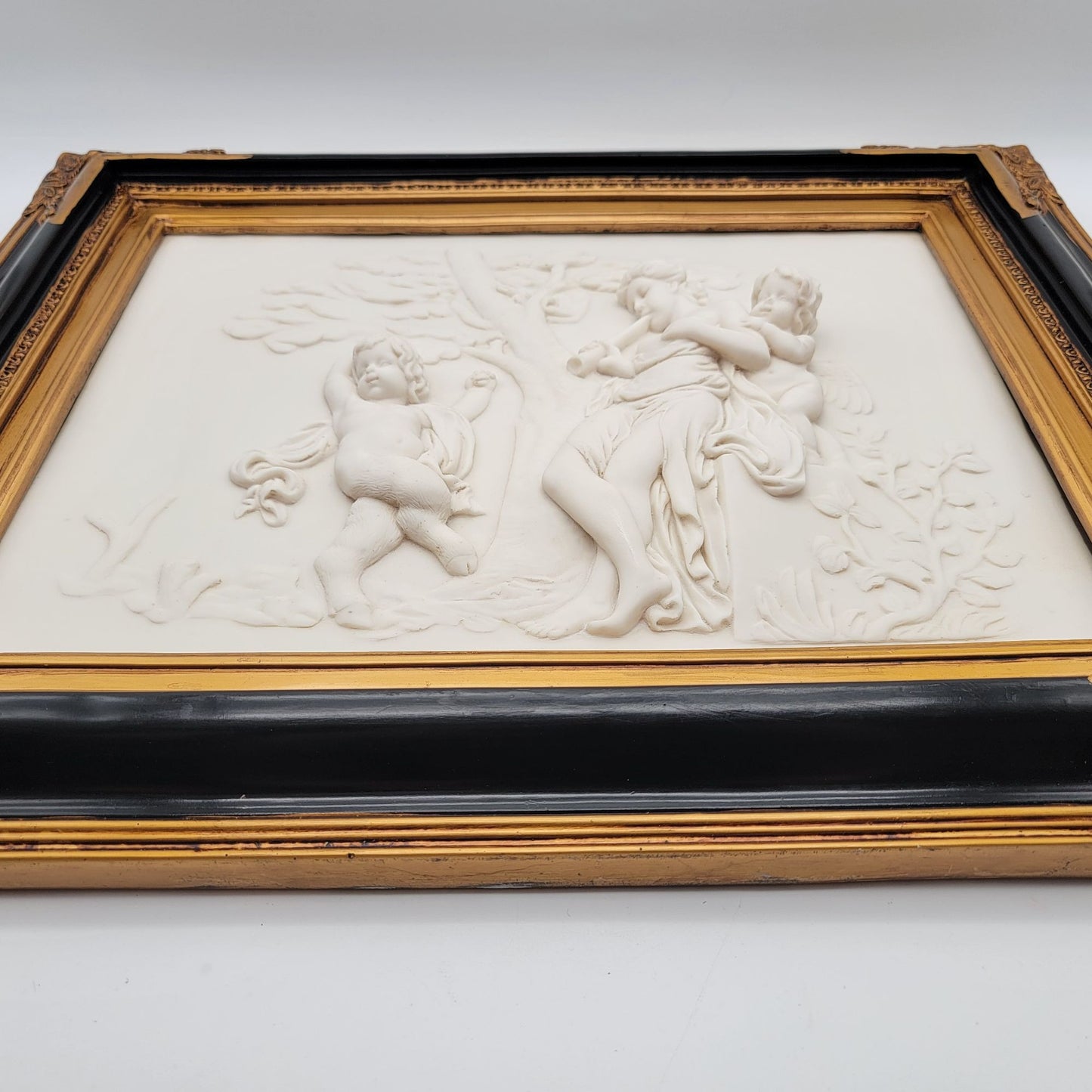 Antique Alabaster BAS Relief Art of Nymph and Putti Neoclassical Art Plaque
