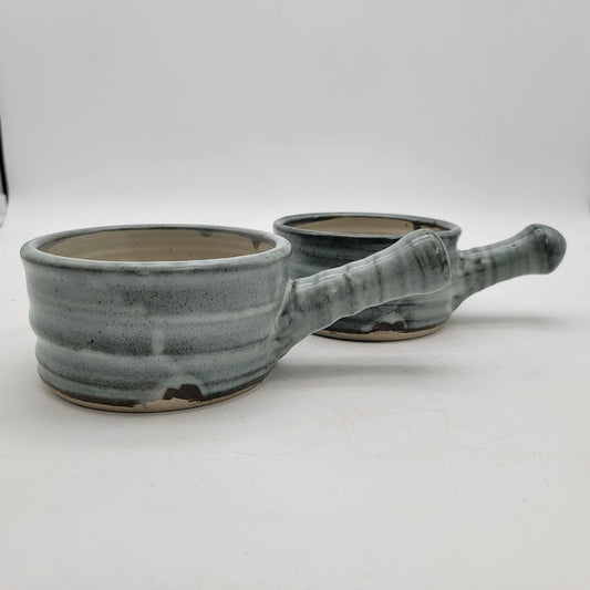 Pair of Handmade Vintage Stoneware Soup Bowls With Handles In Green Glaze