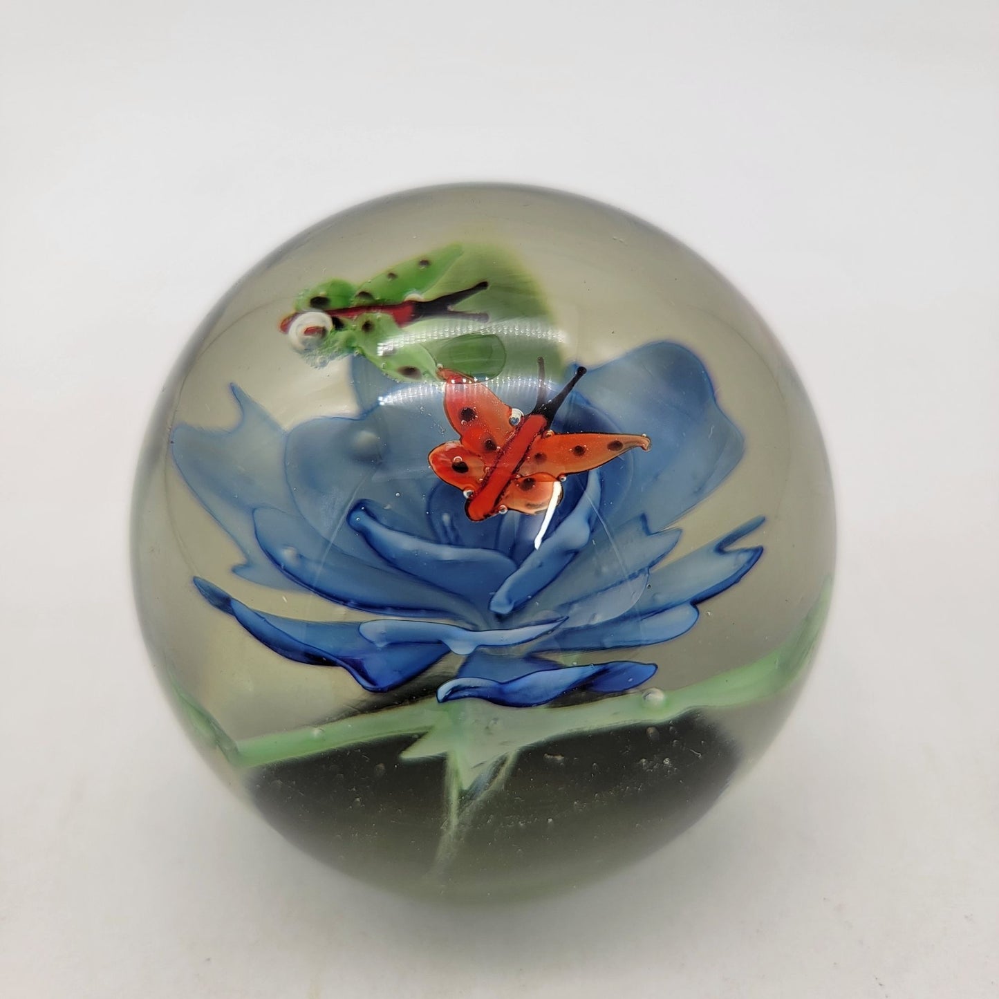 Vintage Butterflies On Blue Flower Art Glass Paperweight