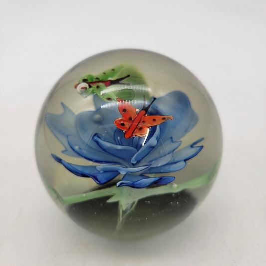 Vintage Butterflies On Blue Flower Art Glass Paperweight