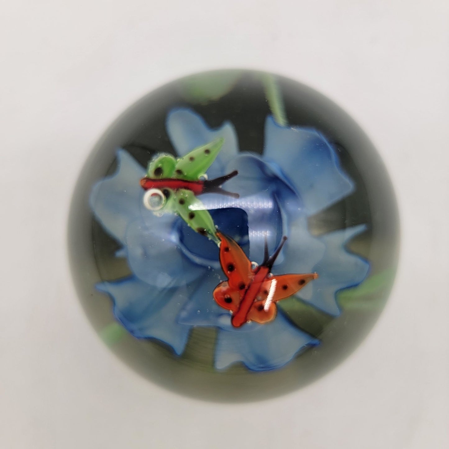 Vintage Butterflies On Blue Flower Art Glass Paperweight