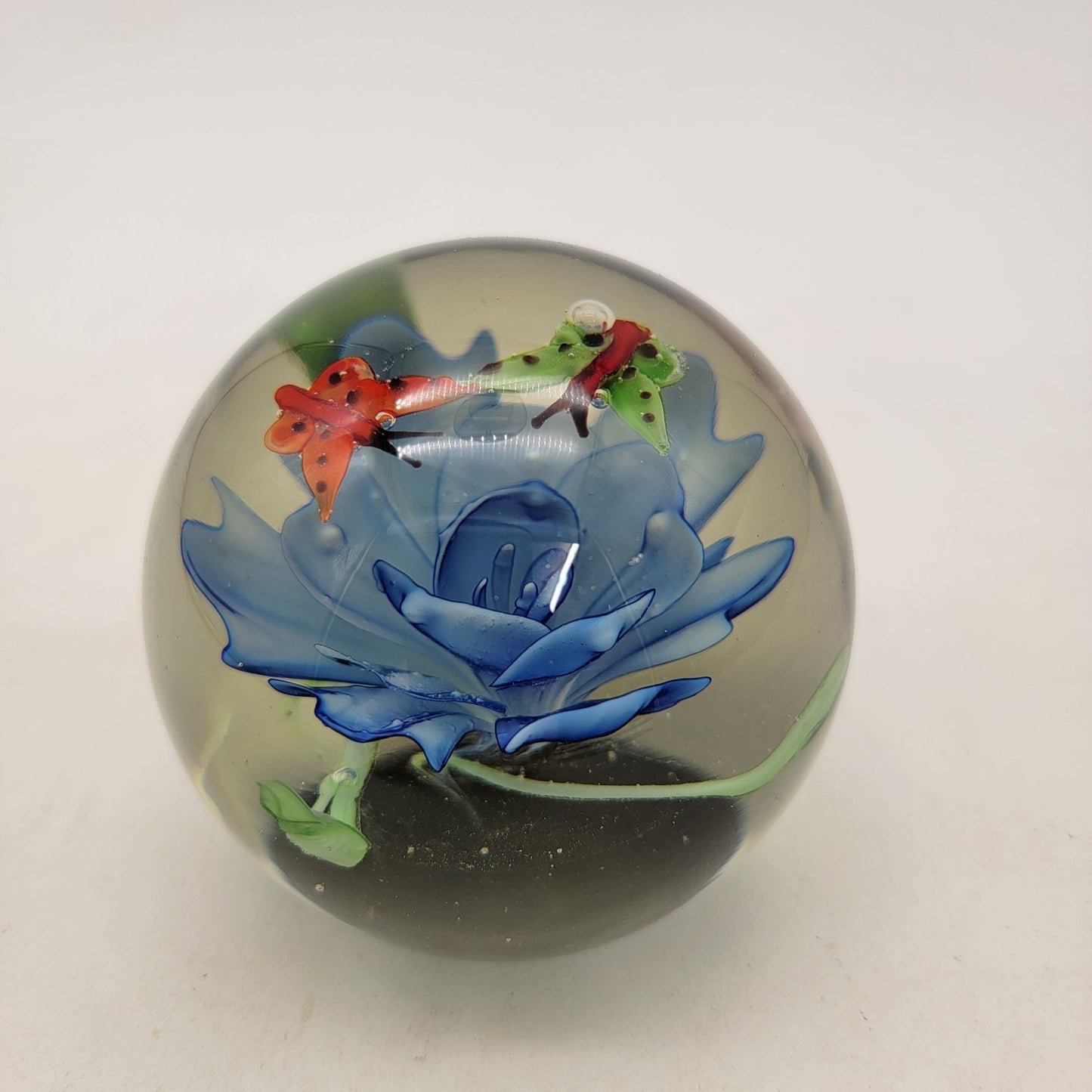 Vintage Butterflies On Blue Flower Art Glass Paperweight