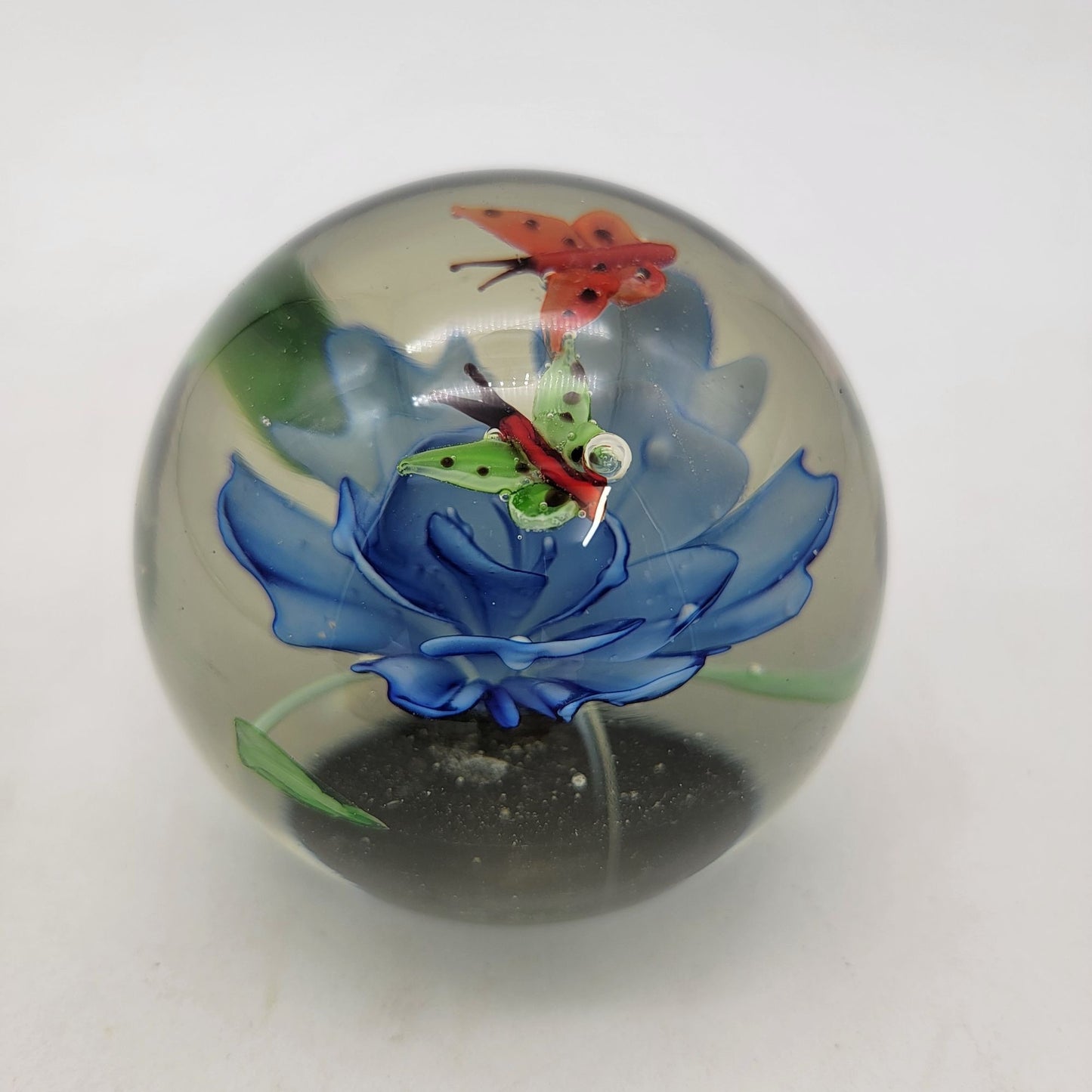 Vintage Butterflies On Blue Flower Art Glass Paperweight