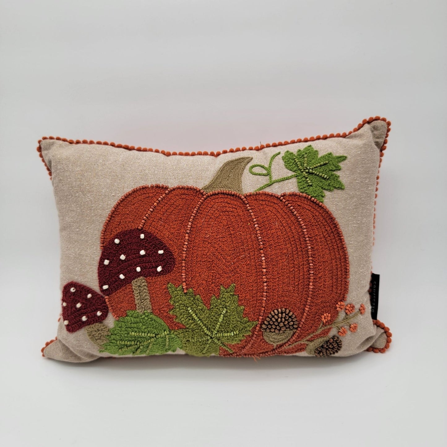 Autumn Blessings Beaded Embroidered Throw Pillow Pumpkin & Mushrooms