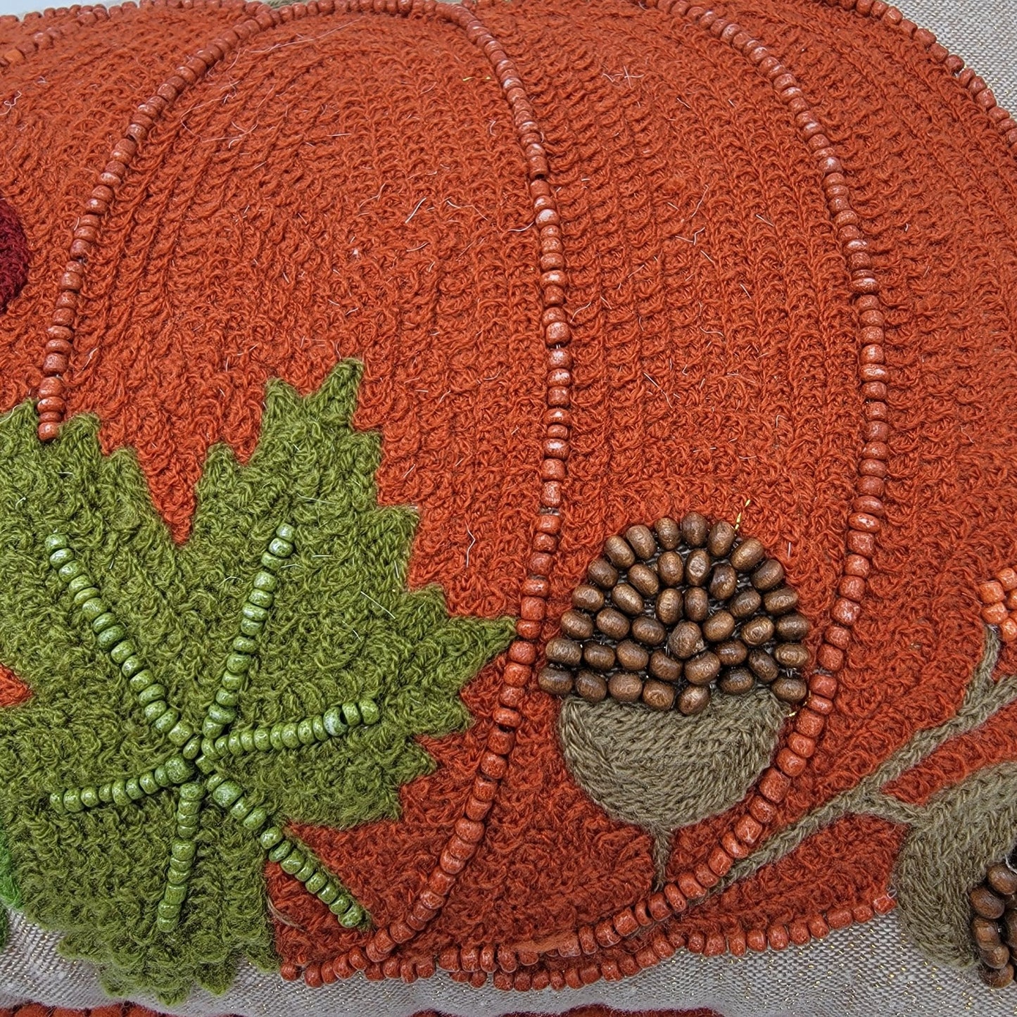 Autumn Blessings Beaded Embroidered Throw Pillow Pumpkin & Mushrooms