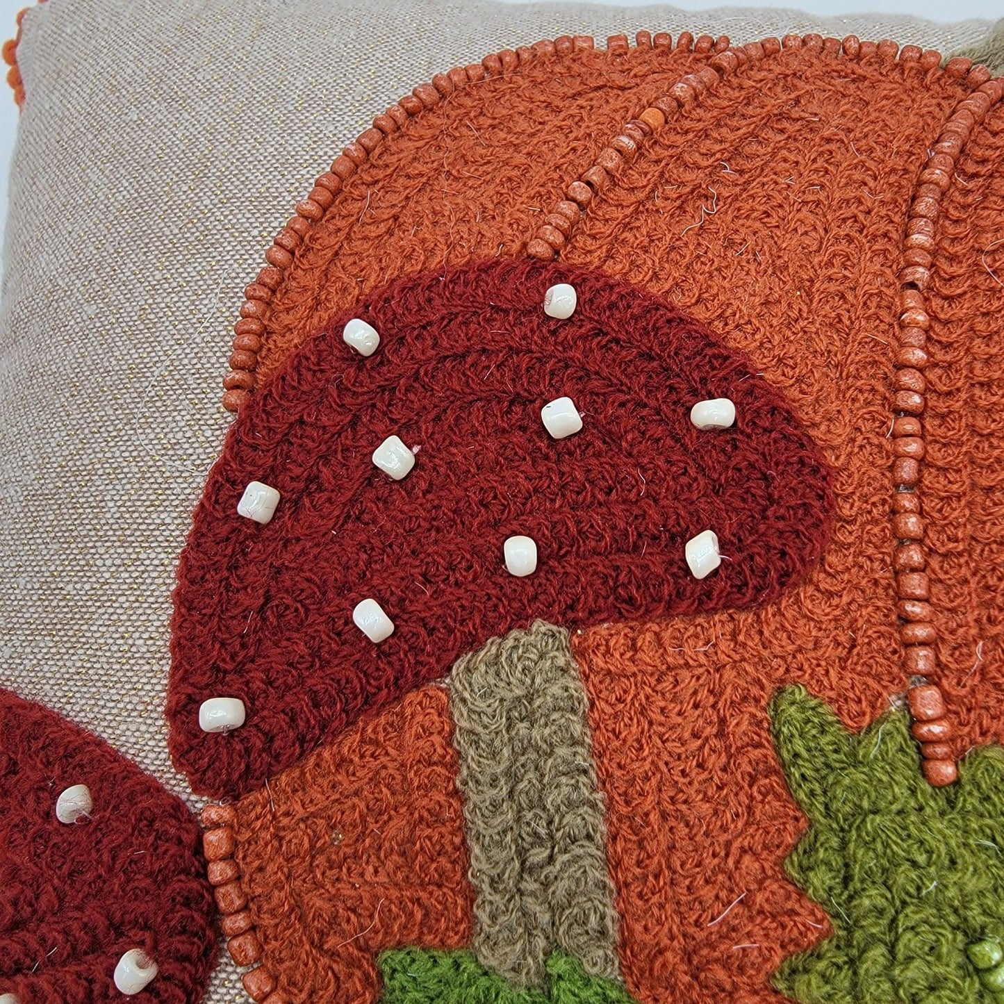 Autumn Blessings Beaded Embroidered Throw Pillow Pumpkin & Mushrooms