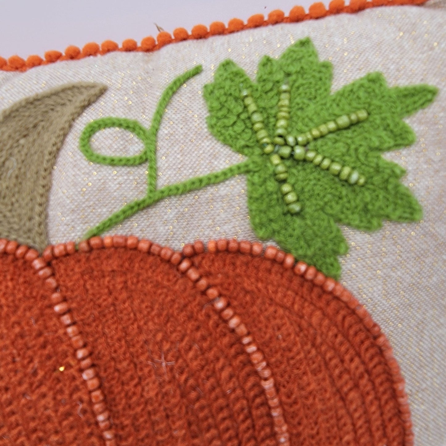 Autumn Blessings Beaded Embroidered Throw Pillow Pumpkin & Mushrooms