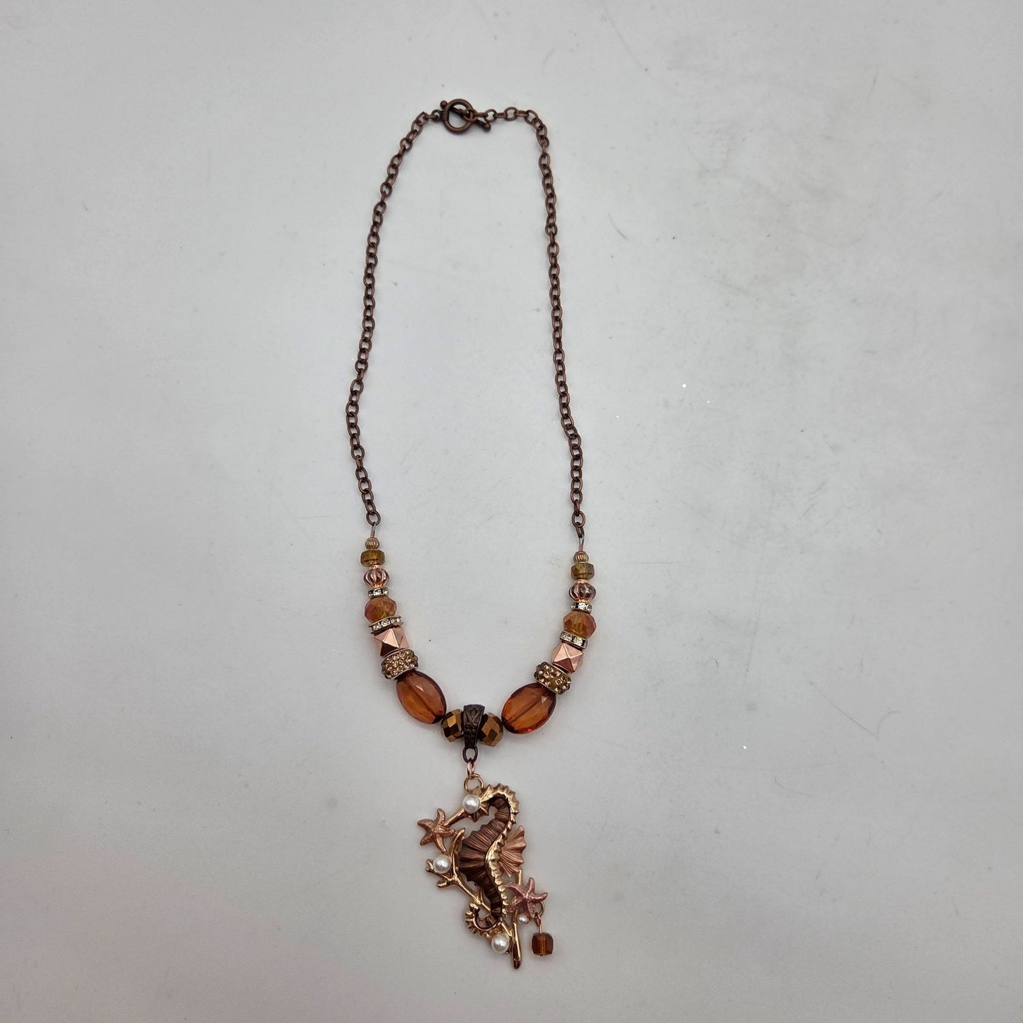 OOAK Handmade Copper-Toned Enameled Seahorse Pendant Necklace
