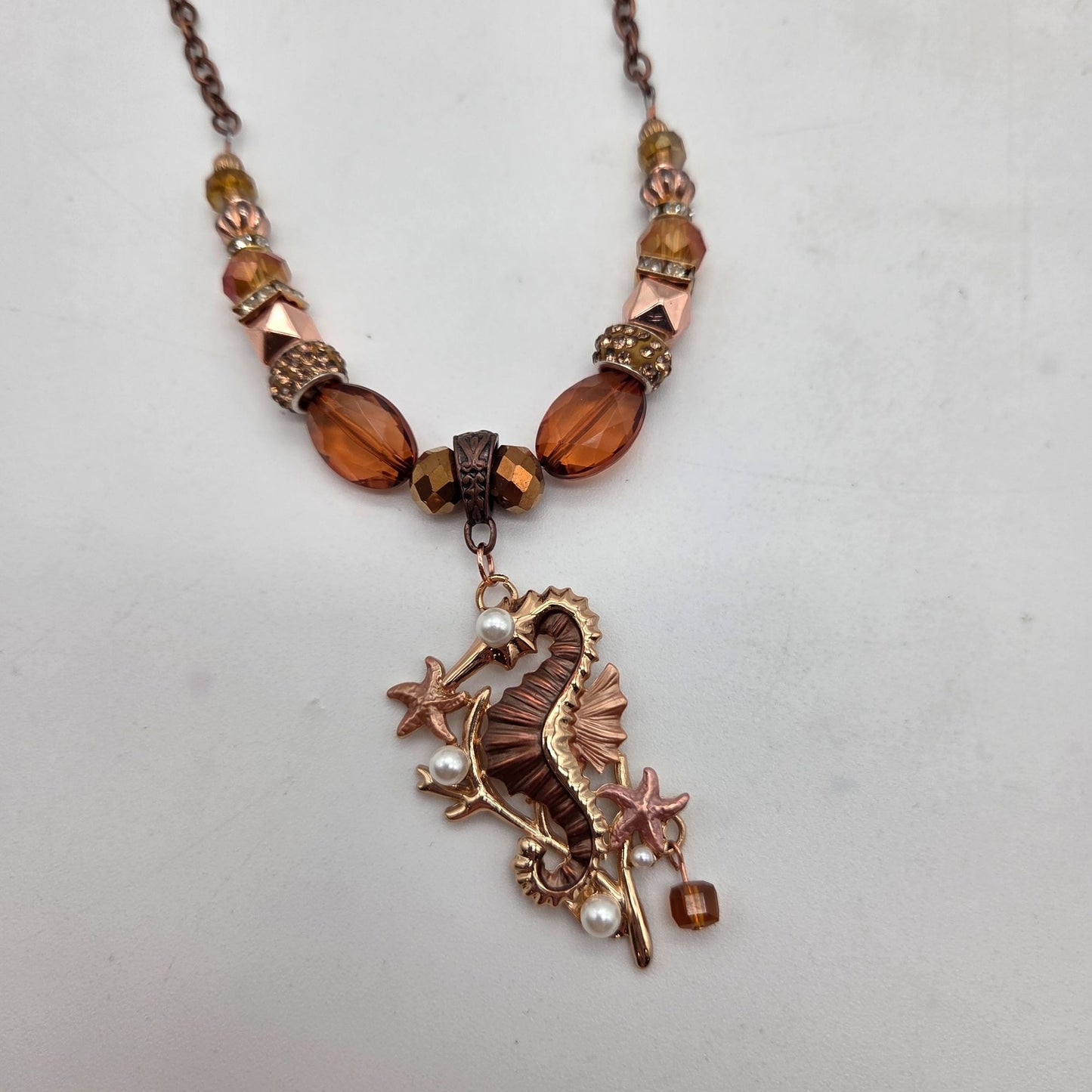 OOAK Handmade Copper-Toned Enameled Seahorse Pendant Necklace