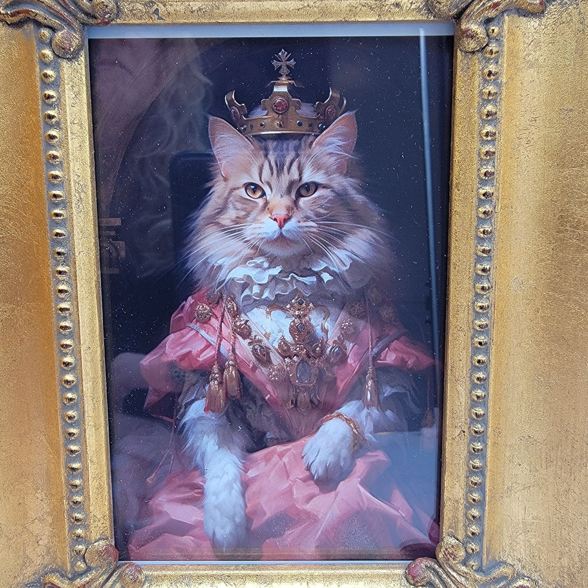 Whimsical Victorian Cat Art Print in Ornate Gold Frame