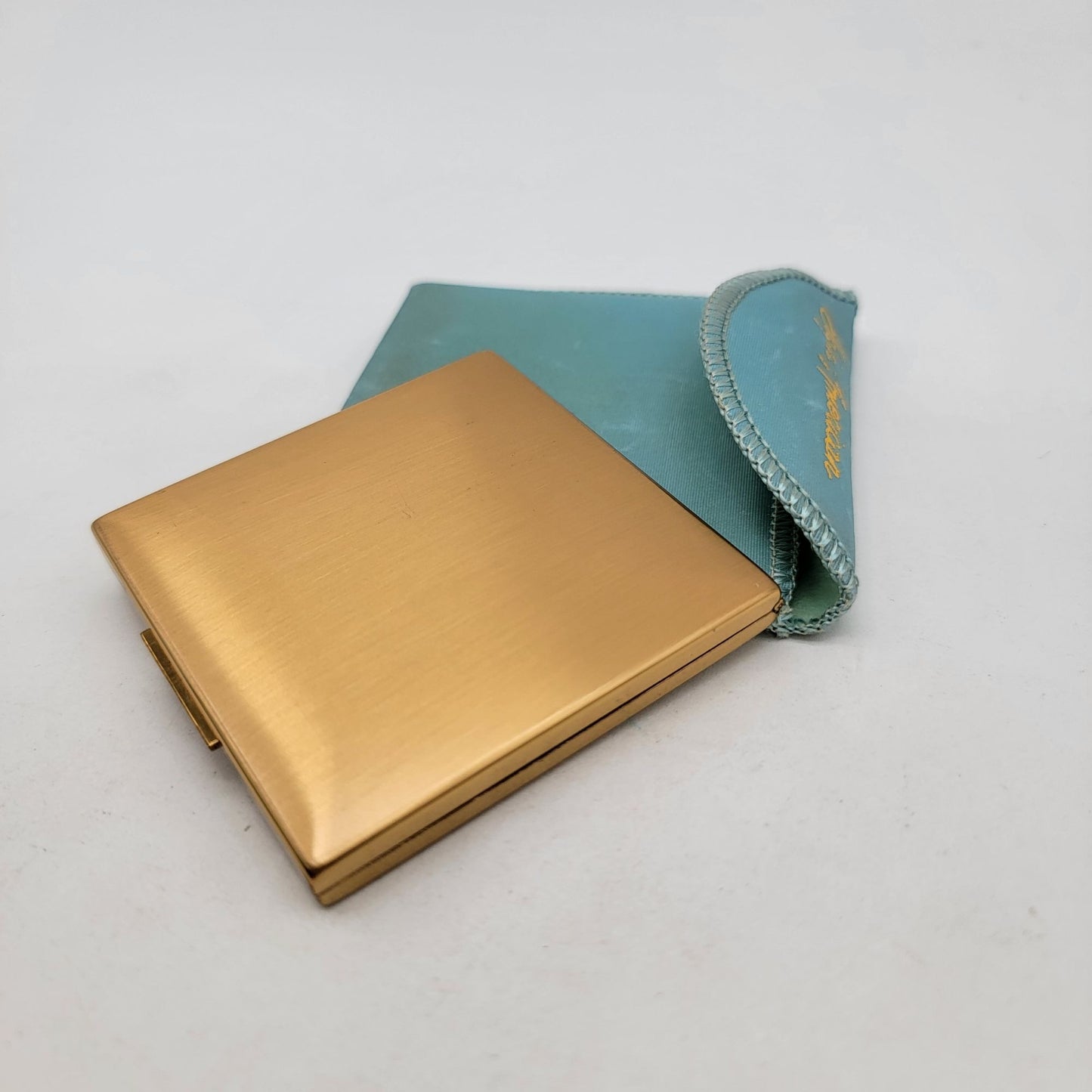 Vintage Elgin American Gold-Tone Square Powder Compact With Floral Design & Turquoise Case