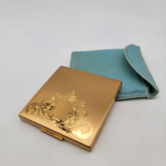 Vintage Elgin American Gold-Tone Square Powder Compact With Floral Design & Turquoise Case