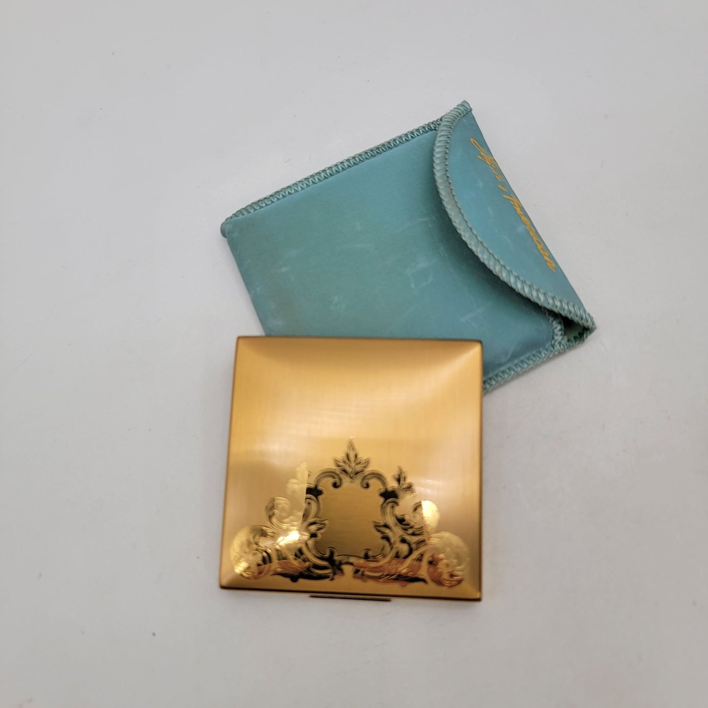 Vintage Elgin American Gold-Tone Square Powder Compact With Floral Design & Turquoise Case
