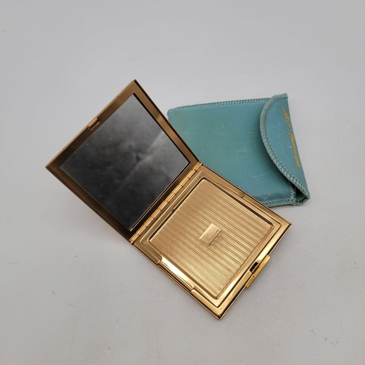 Vintage Elgin American Gold-Tone Square Powder Compact With Floral Design & Turquoise Case