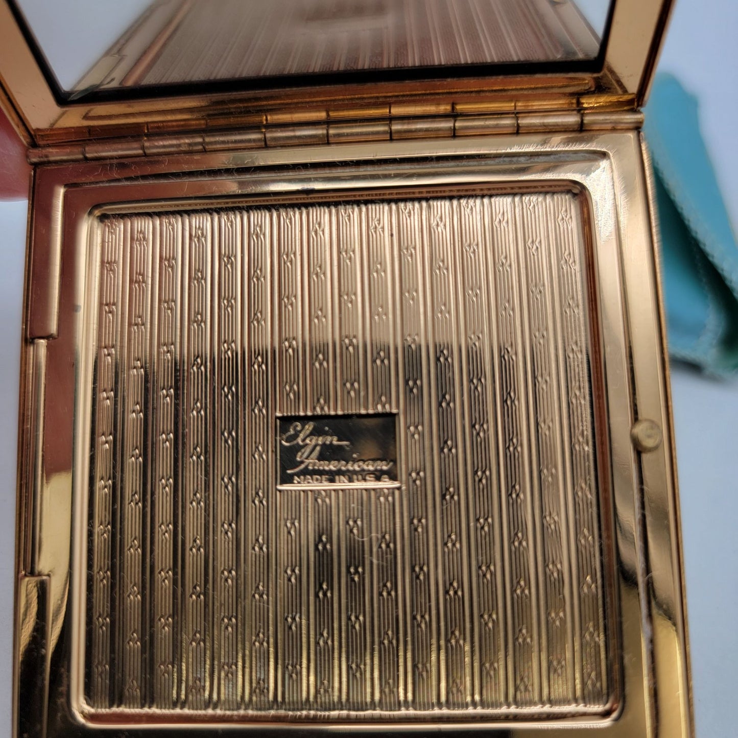 Vintage Elgin American Gold-Tone Square Powder Compact With Floral Design & Turquoise Case