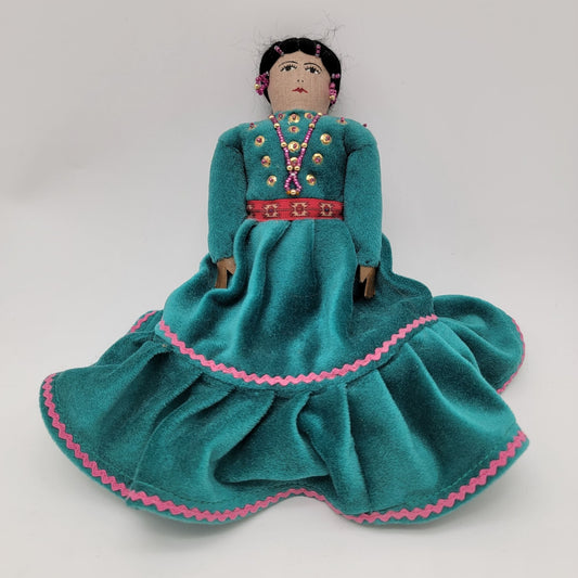 Vintage Navajo Dine Doll With Teal Velvet Dress