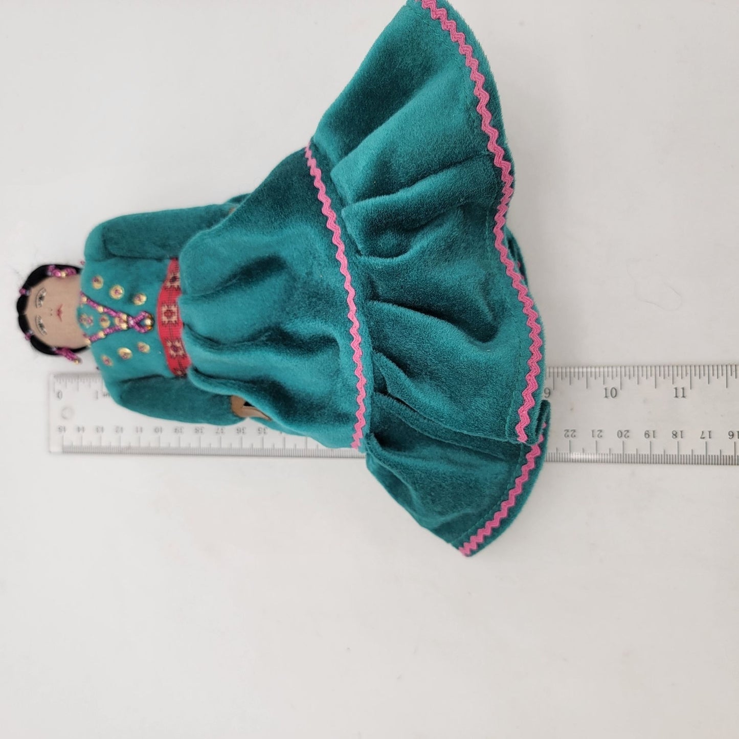 Vintage Navajo Dine Doll With Teal Velvet Dress