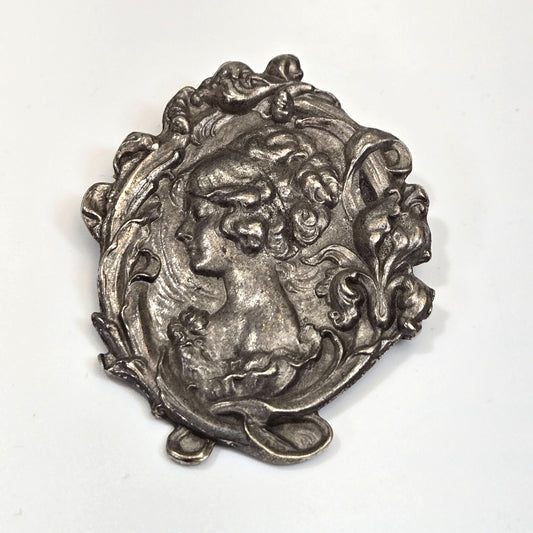 Pewter Cameo Brooch HNOC Historic New Orleans Collection Signed