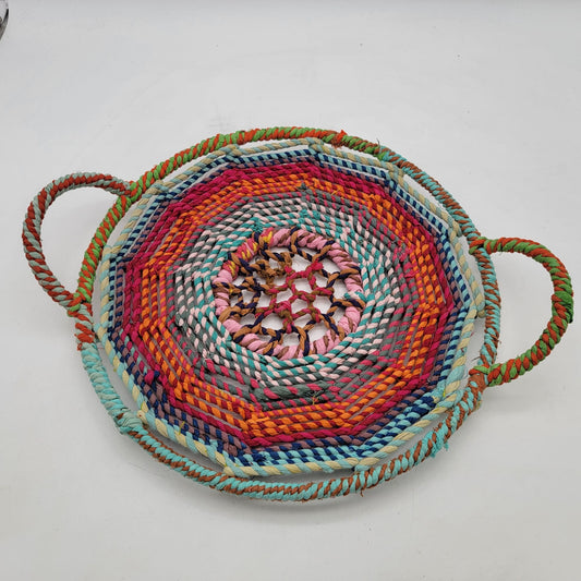 Handwoven Multicolor Wicker Basket Tray With Handles 12"