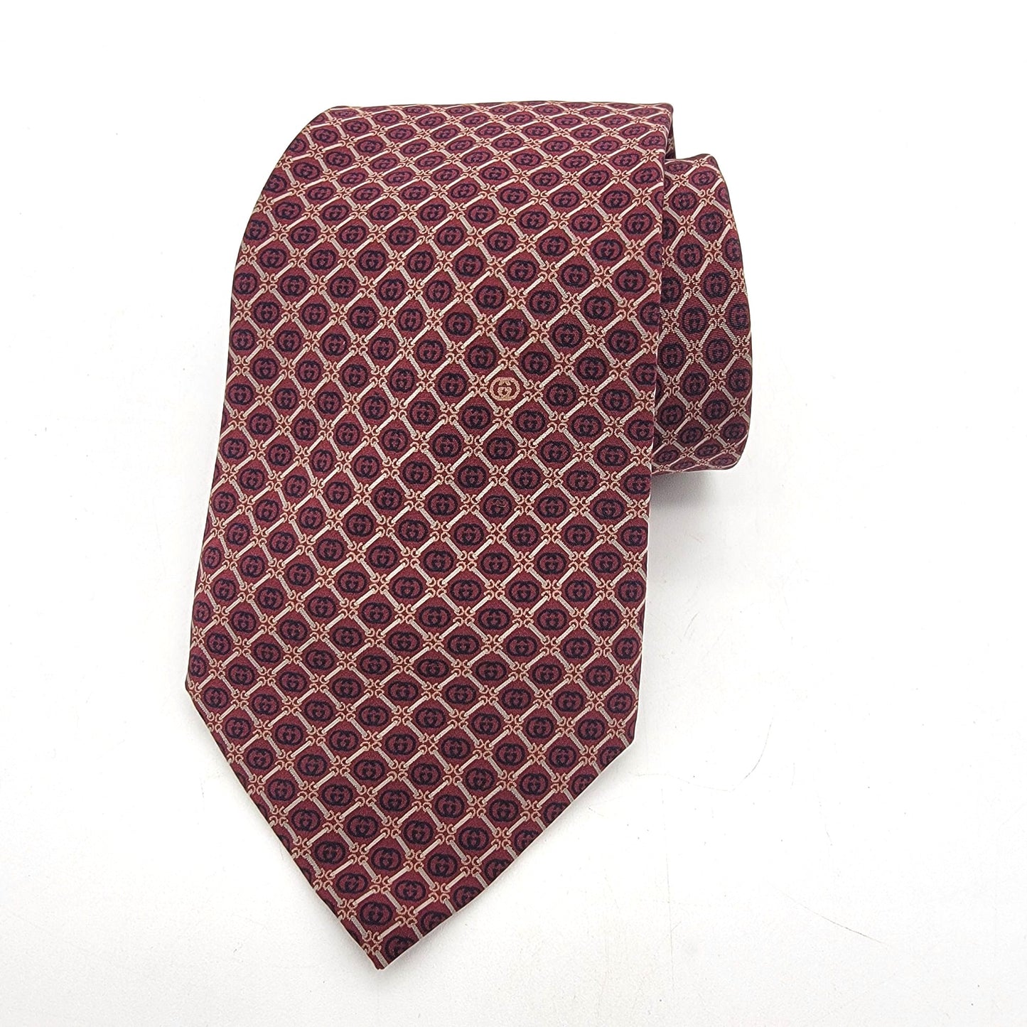 Vintage Gucci Burgundy Silk Tie With GG Diamond Lattice Pattern