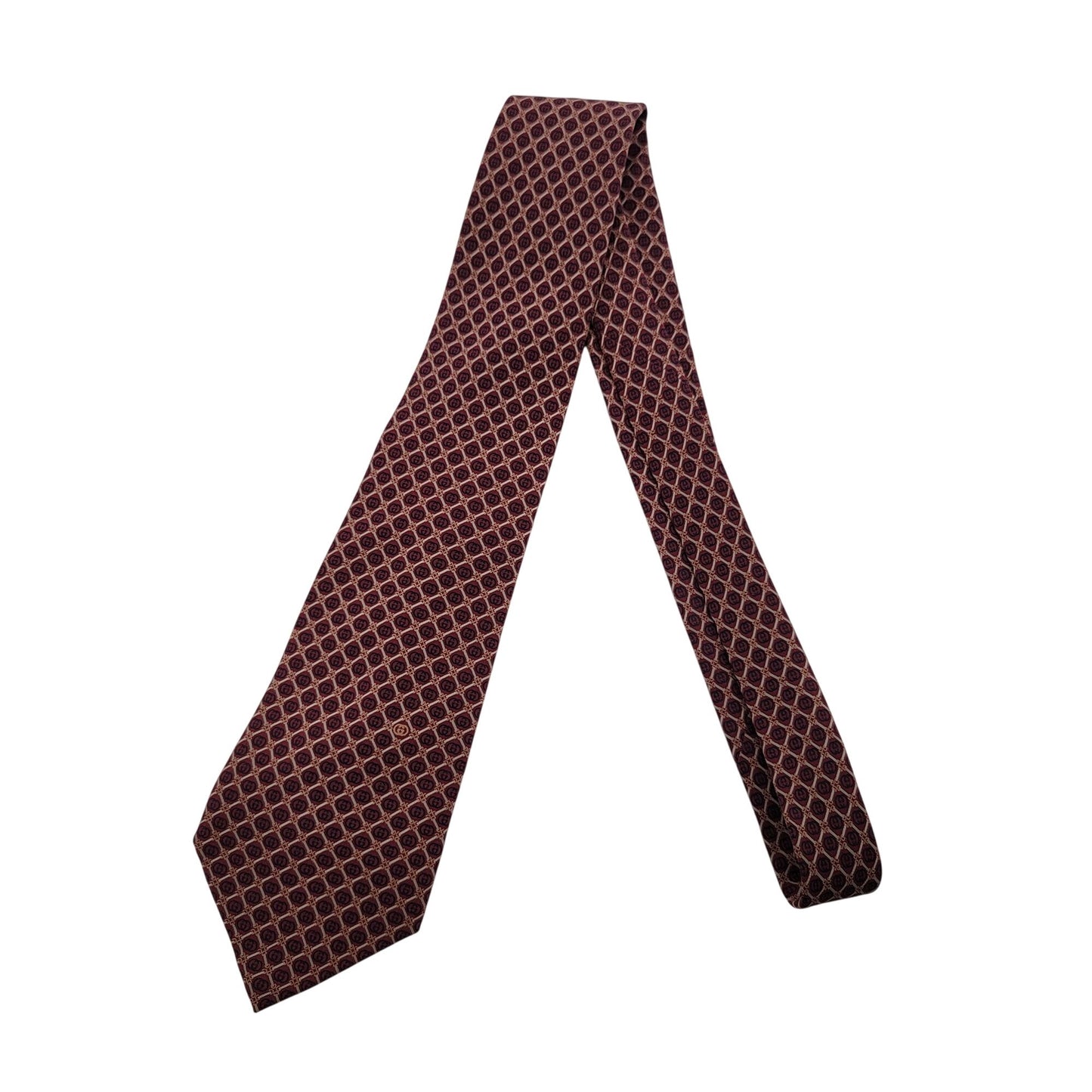 Vintage Gucci Burgundy Silk Tie With GG Diamond Lattice Pattern