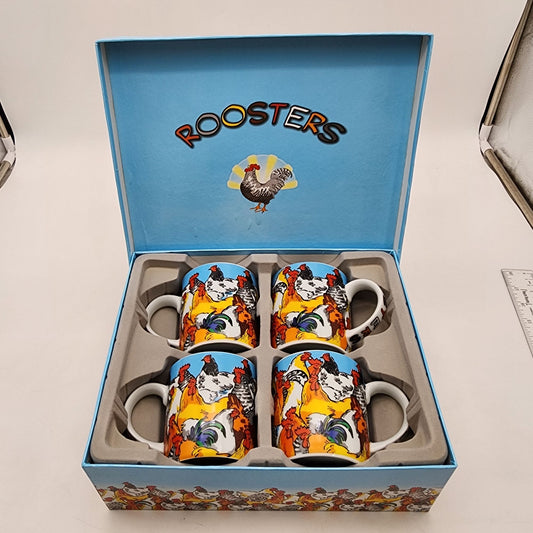 Vintage Paul Cardew Roosters Mug Set (4) in Original Box
