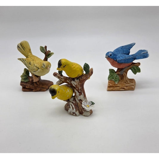 Set Of 3 Vintage Porcelain Songbird Figurines: Canary Gold Finches & Eastern Bluebird