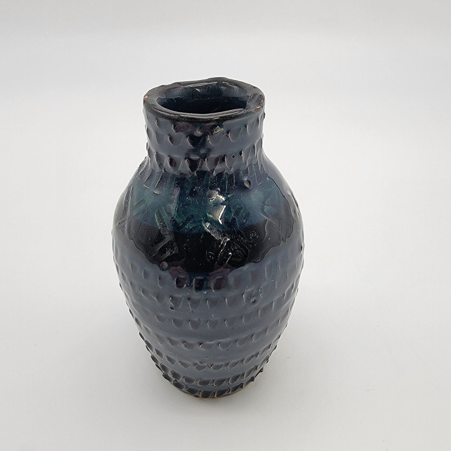 Vintage Quirky Art Pottery Vase Textured Deep Blue