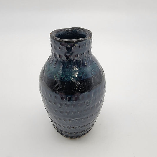 Vintage Quirky Art Pottery Vase Textured Deep Blue