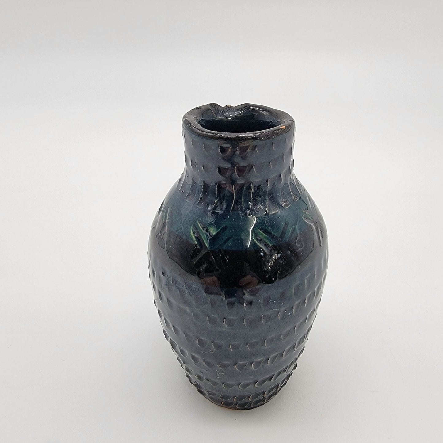Vintage Quirky Art Pottery Vase Textured Deep Blue