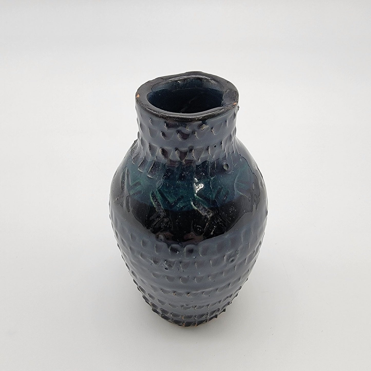 Vintage Quirky Art Pottery Vase Textured Deep Blue