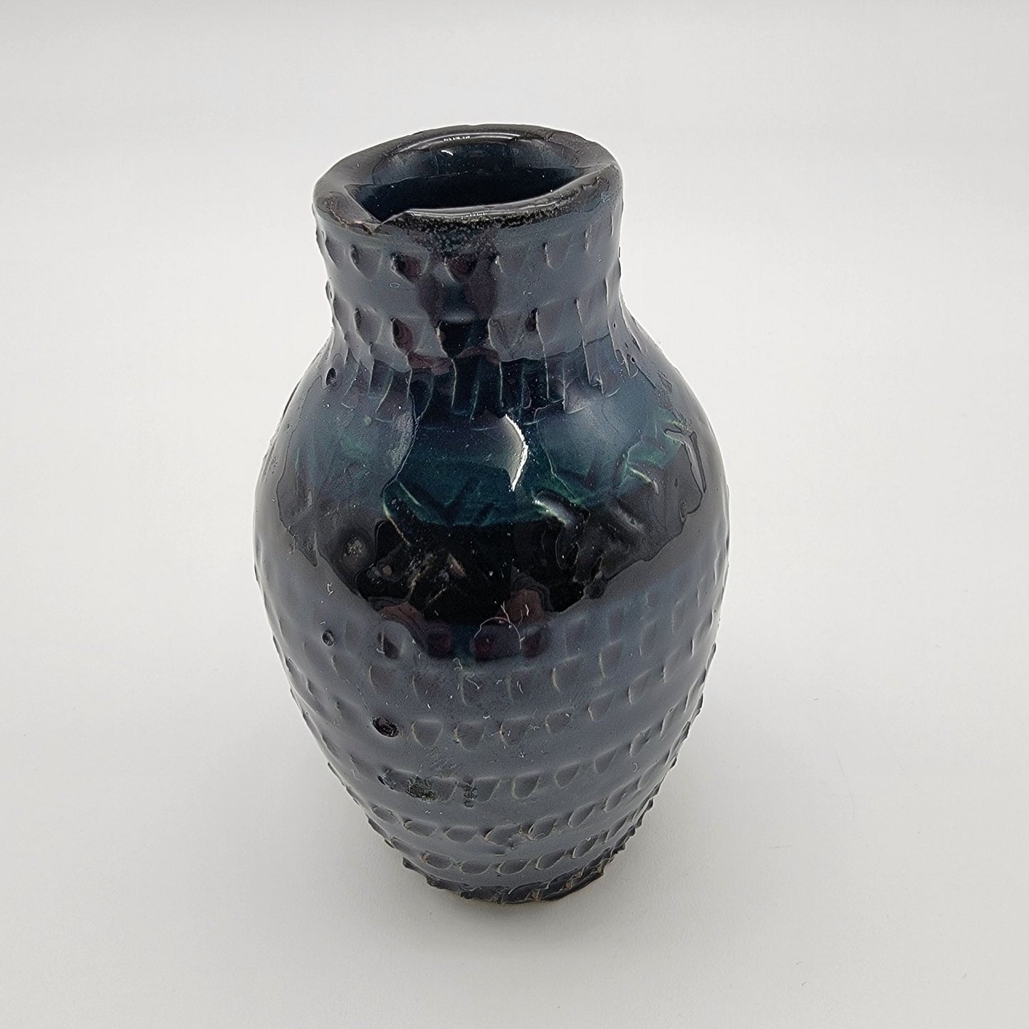 Vintage Quirky Art Pottery Vase Textured Deep Blue