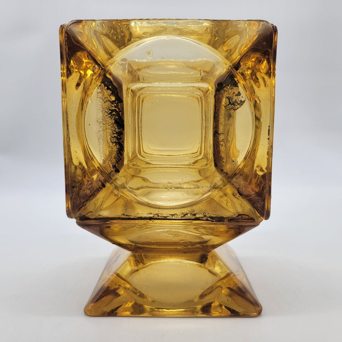 1970s Upcycled Amber Glass Ashtray Cube Vase Candle Holder