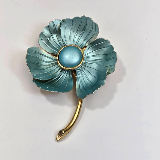 Mid Century 1960s Blue Enameled Daisy Flower Brooch Pin