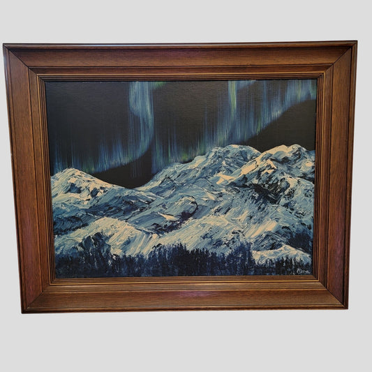 Northern Lights Snowy Mountains Original Painting On Board Framed Signed Mona