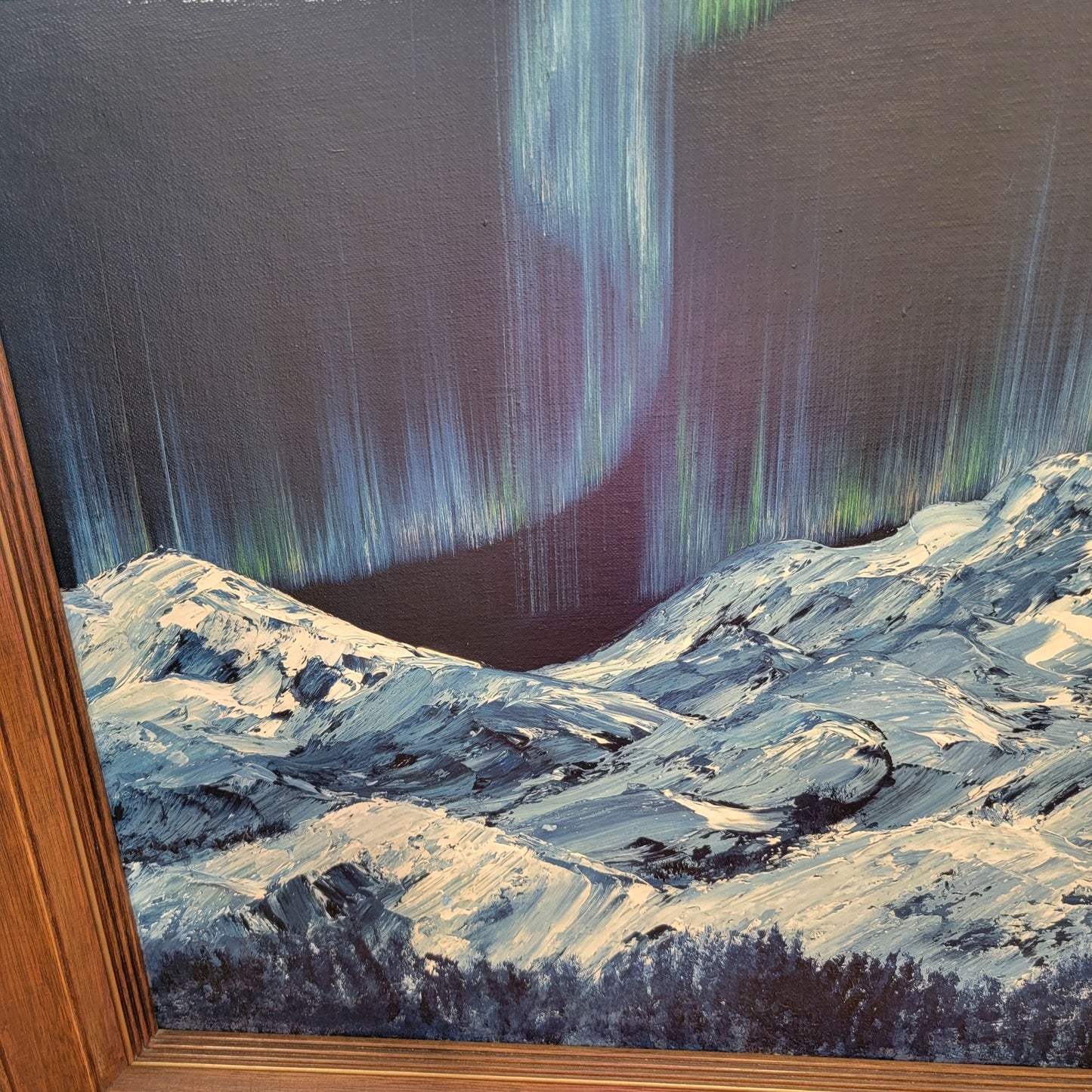 Northern Lights Snowy Mountains Original Painting On Board Framed Signed Mona