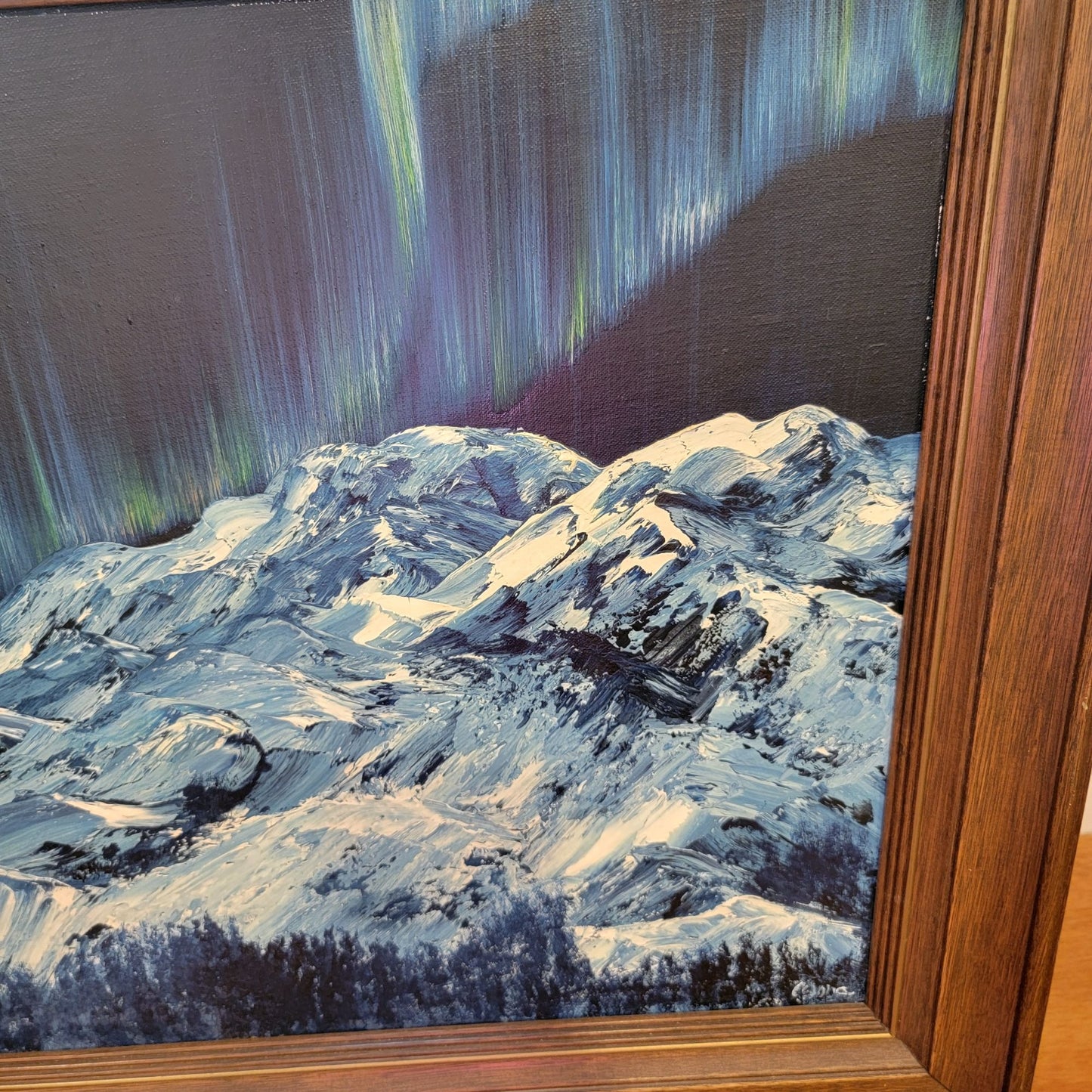 Northern Lights Snowy Mountains Original Painting On Board Framed Signed Mona