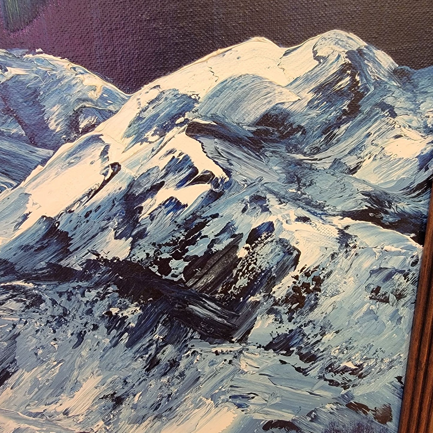 Northern Lights Snowy Mountains Original Painting On Board Framed Signed Mona