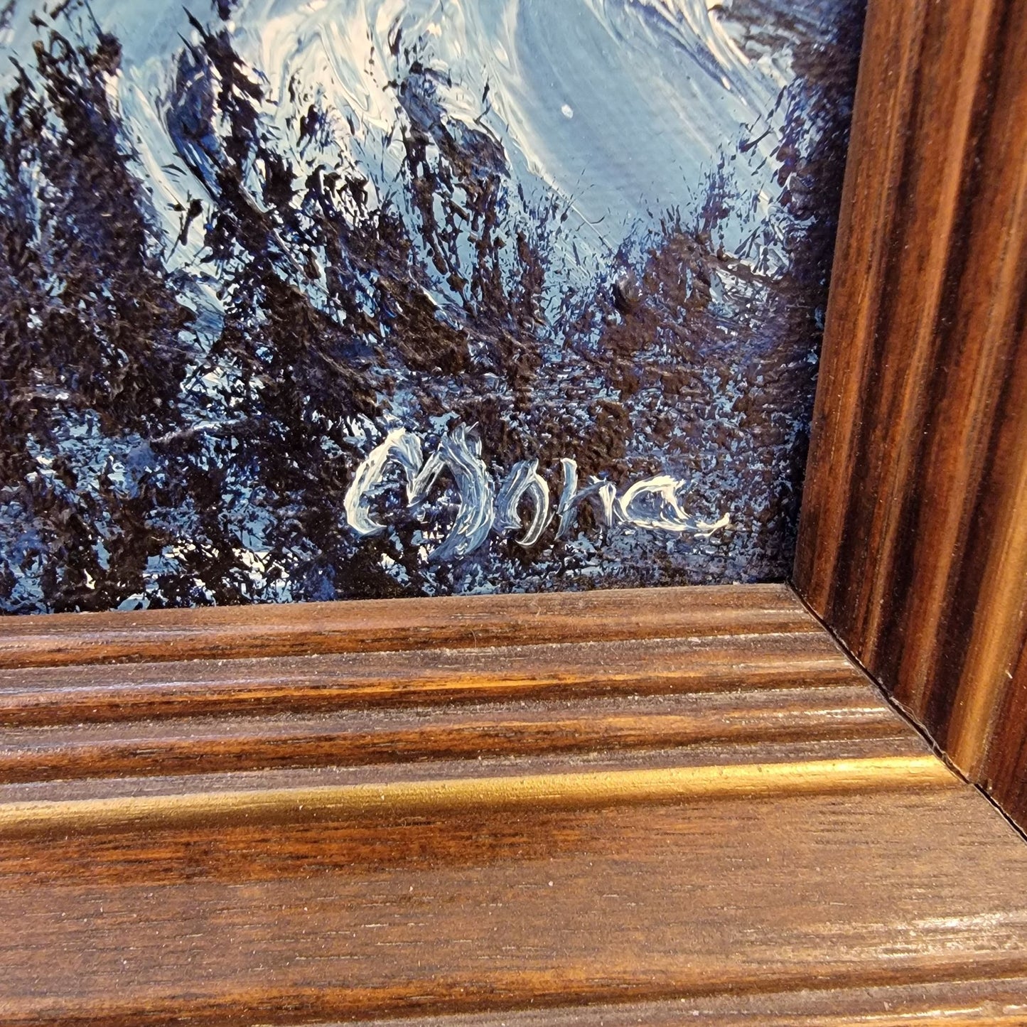 Northern Lights Snowy Mountains Original Painting On Board Framed Signed Mona