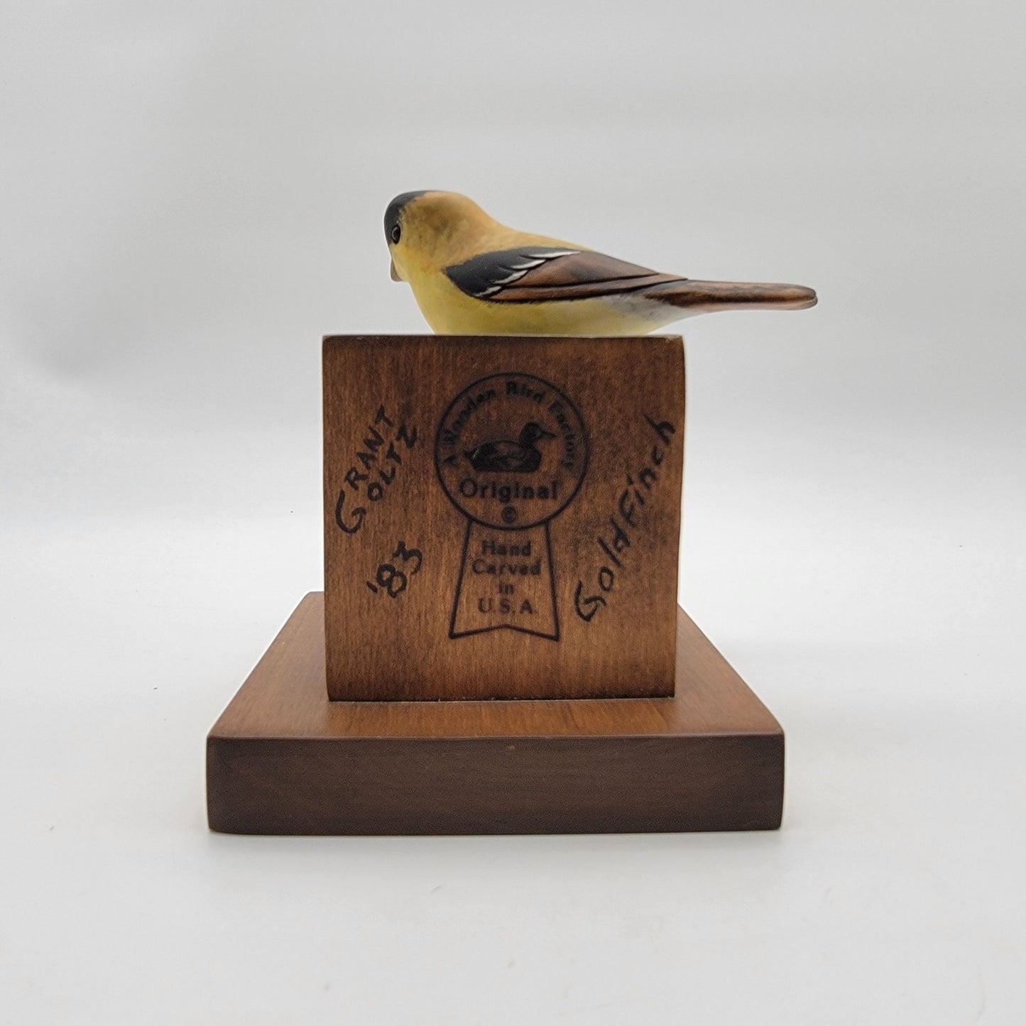 1983 Grant Goltz Hand Carved Goldfinch Wood Bird Sculpture