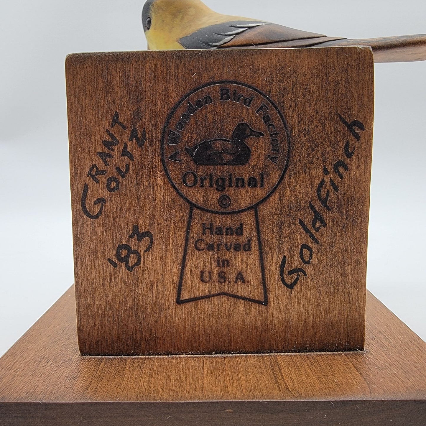 1983 Grant Goltz Hand Carved Goldfinch Wood Bird Sculpture