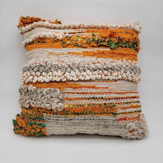 Pier 1 Woven Square Throw Cushion  Pillow Orange & Cream Textured Boho