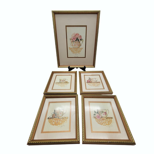 Set Of 5 Sandy Lynam Clough Prints Teacup Designs Hand Signed