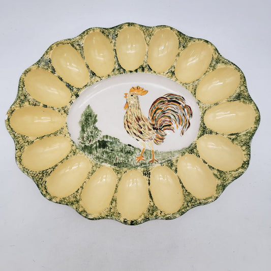 Vintage Heuer Deviled Egg Platter With Rooster Motif - 12 Egg Slots