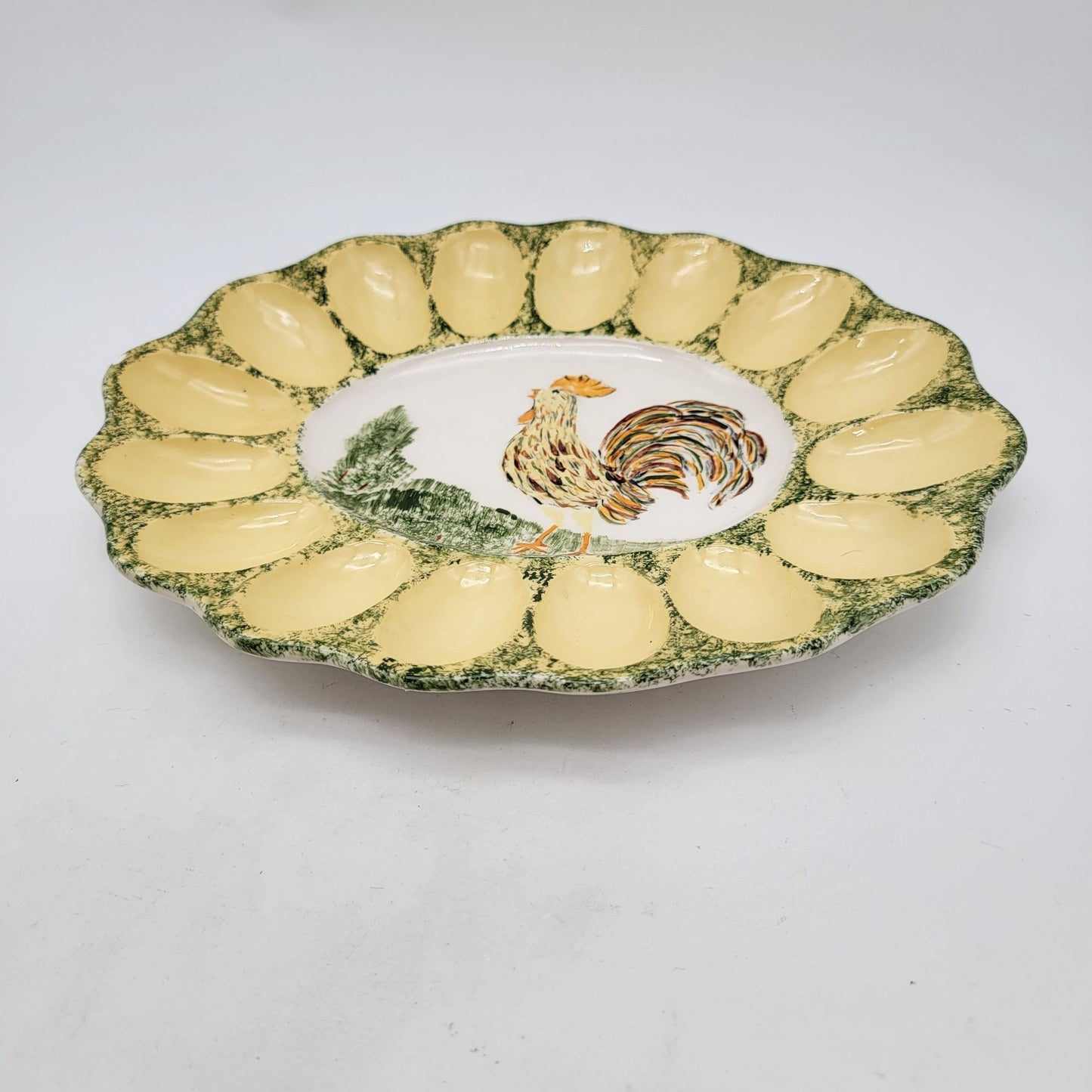 Vintage Heuer Deviled Egg Platter With Rooster Motif - 12 Egg Slots