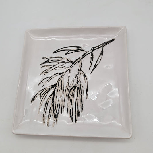 Square Ceramic Dish With Black Botanical Design On White Glaze