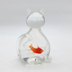 Hand-Blown Glass Cat Sculpture With GoldFish In Belly (b)